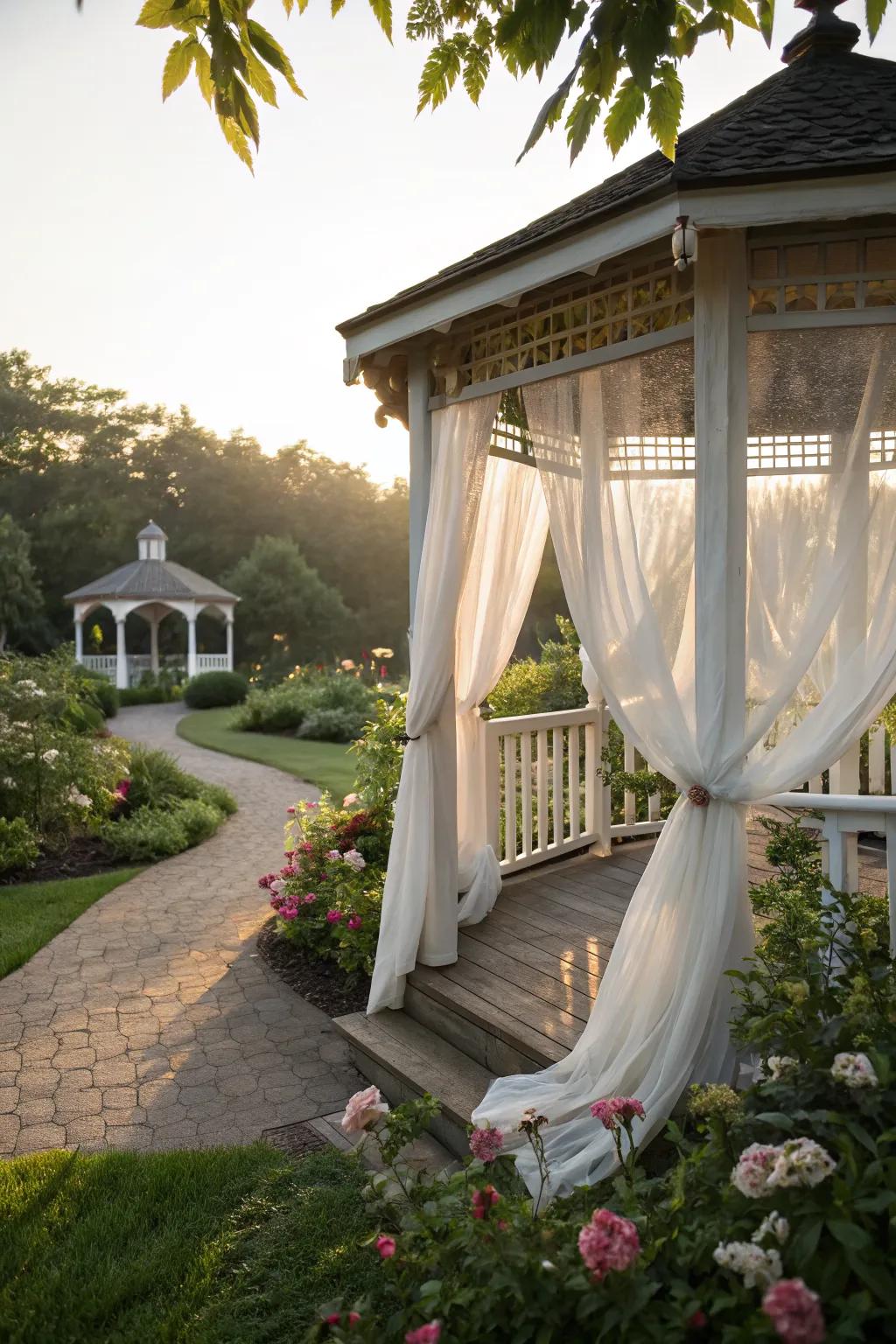 Curtains add a touch of elegance and privacy to this gazebo.
