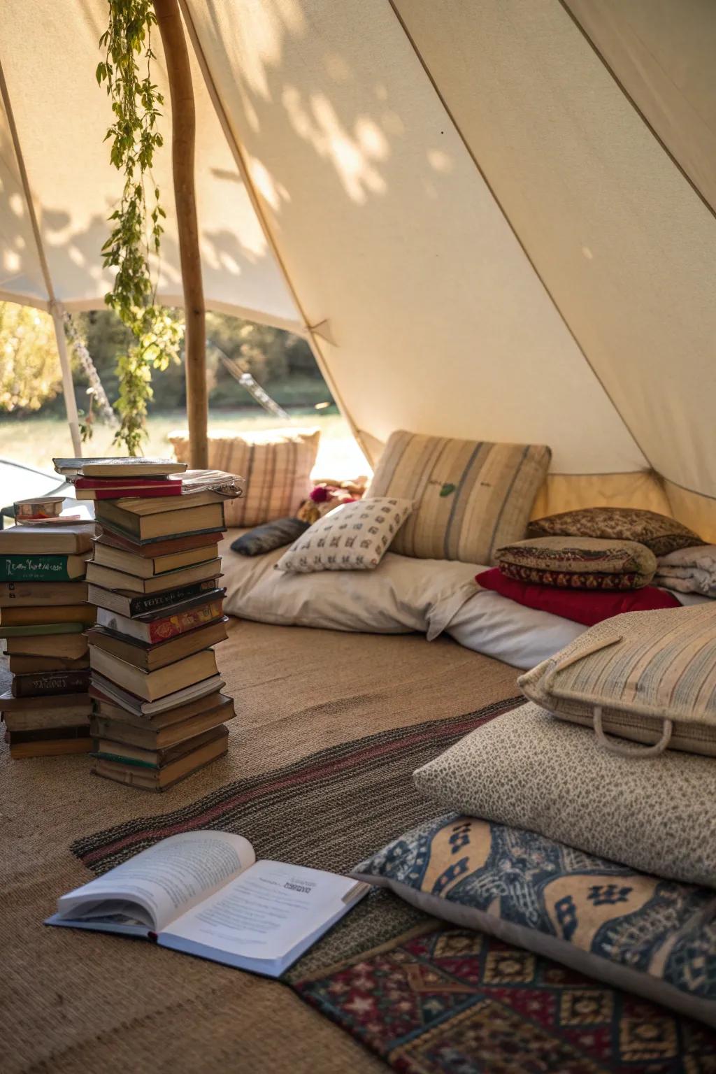 A reading nook is a perfect escape within your tent.