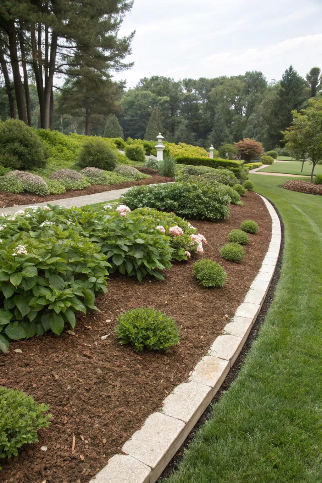 Mulching and edging providing neatness and moisture retention on a garden berm.