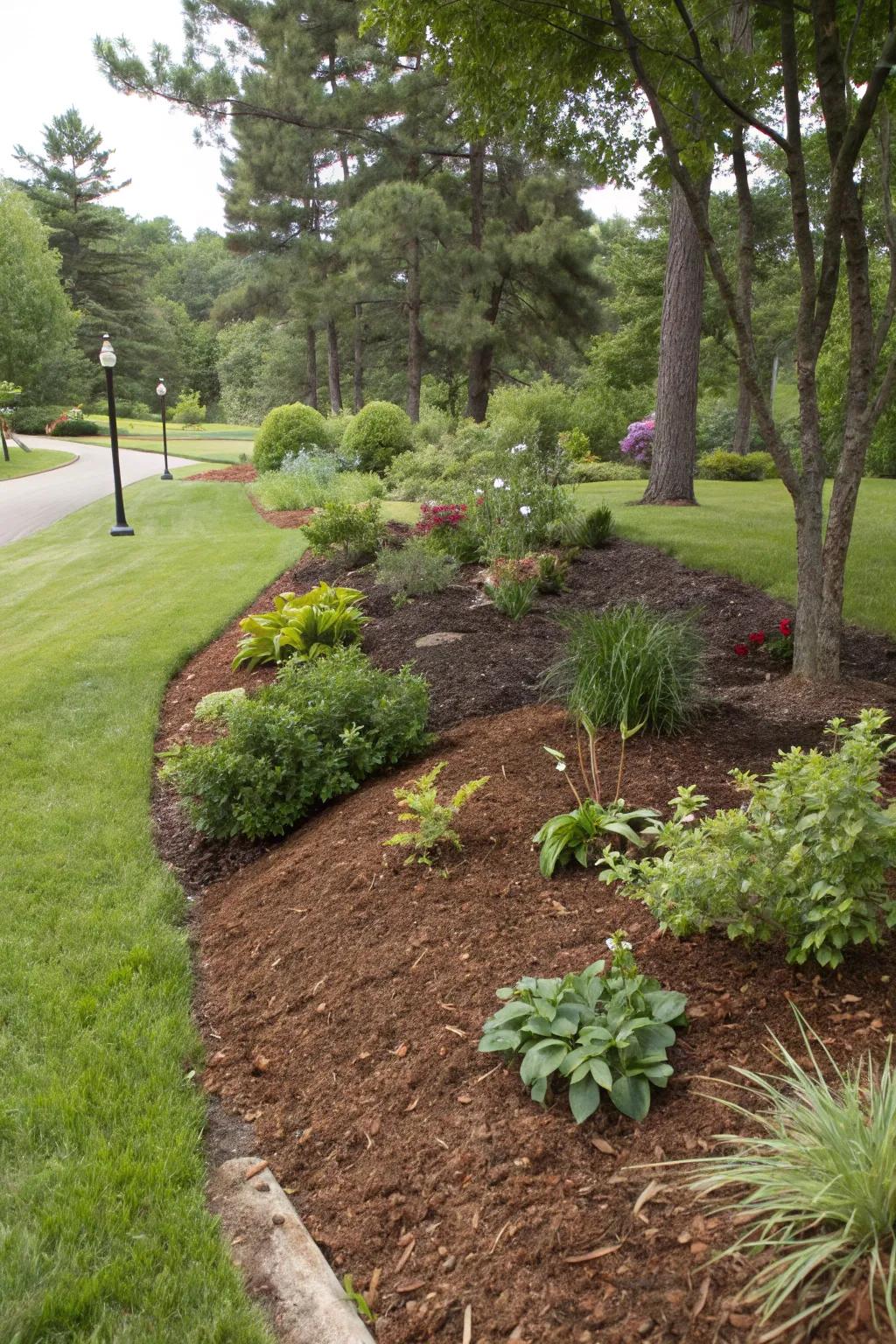 Mulch adds a finished look and supports plant health on this well-maintained berm.