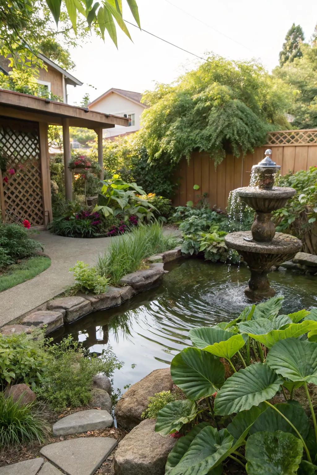 The tranquil sound of water enhances the backyard experience.