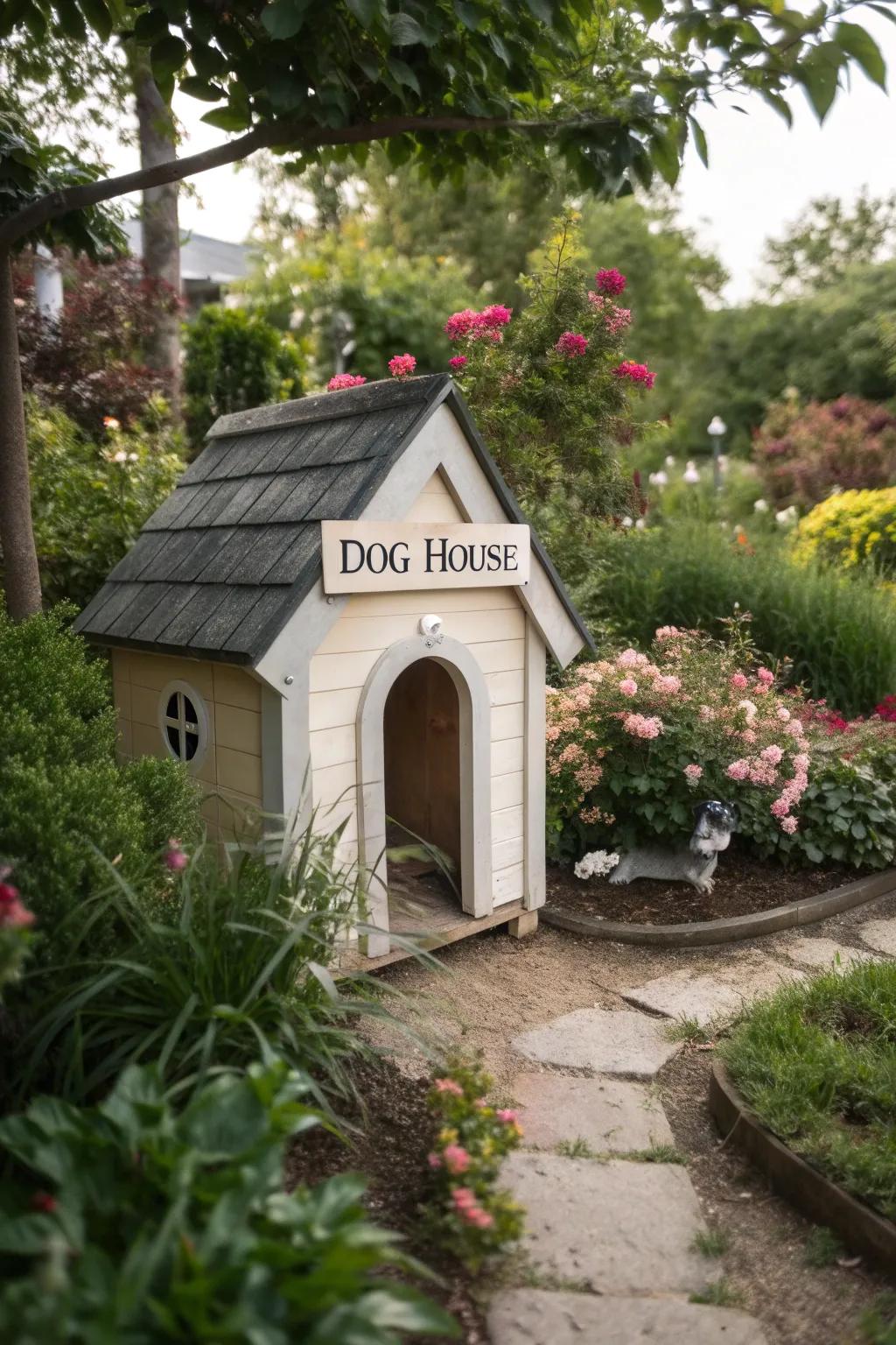 A personalized dog house with a custom nameplate.
