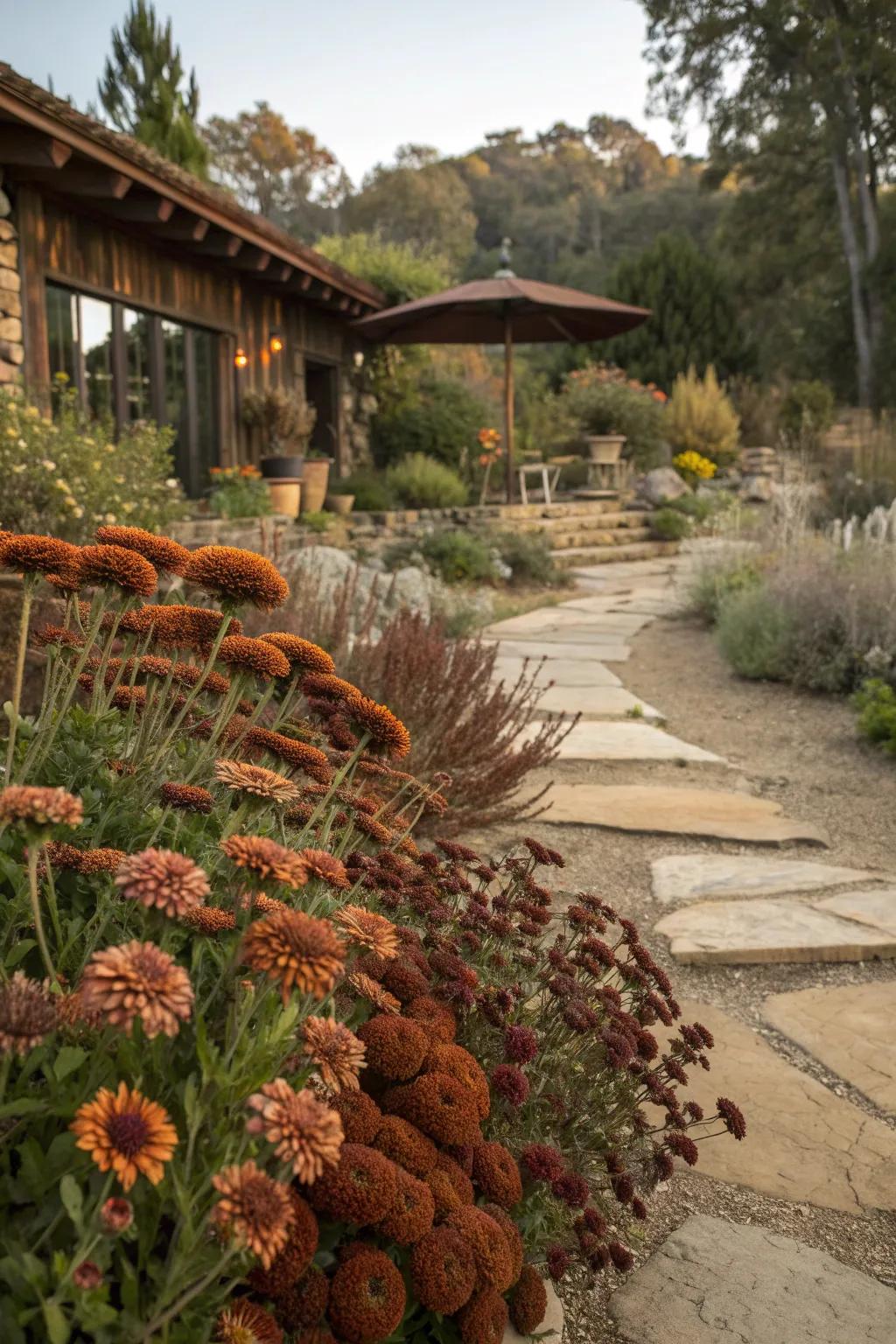 Earthy tones with brown and rust-colored flowers.