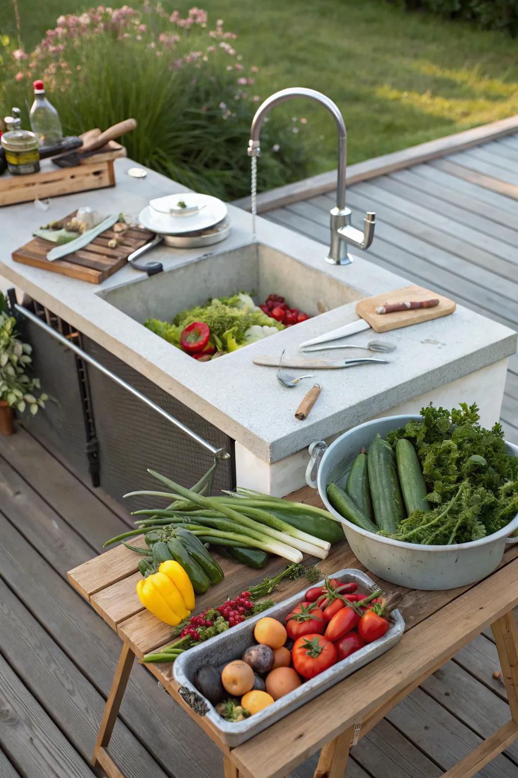 Integrated counter space enhances the functionality of your outdoor sink setup.