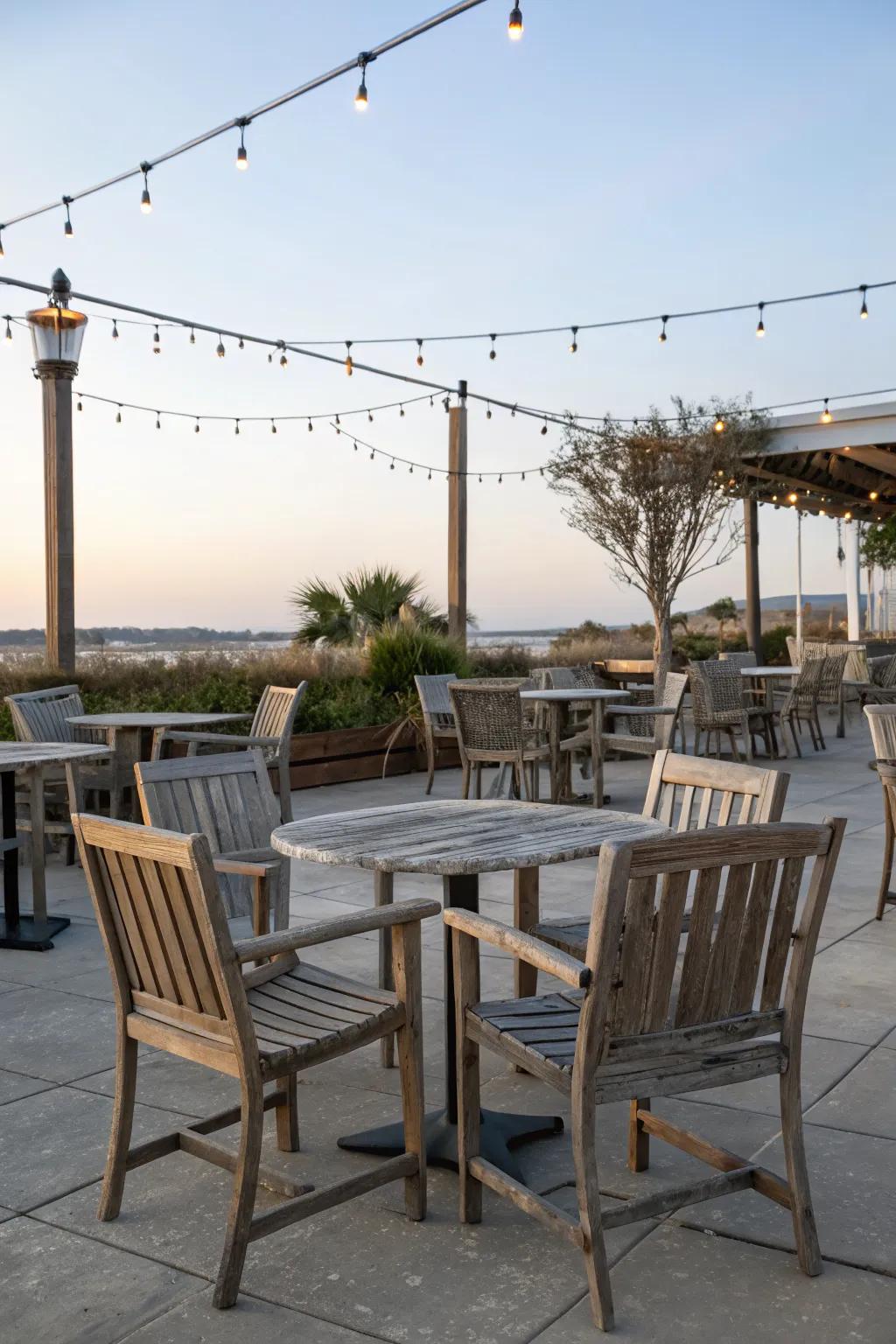 A patio showcasing a blend of rustic and modern furniture styles