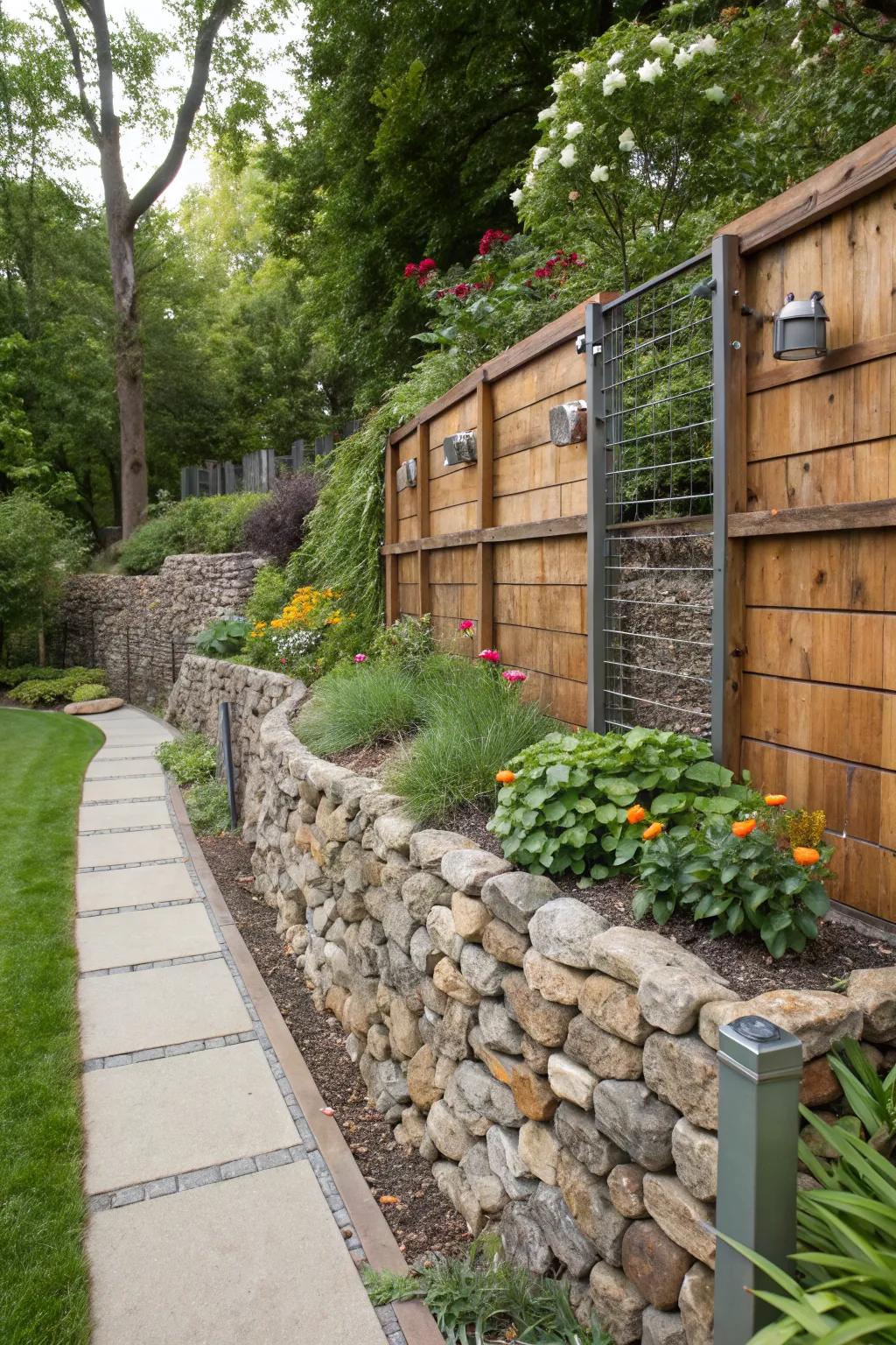 Mixed materials create captivating textures in retaining walls.
