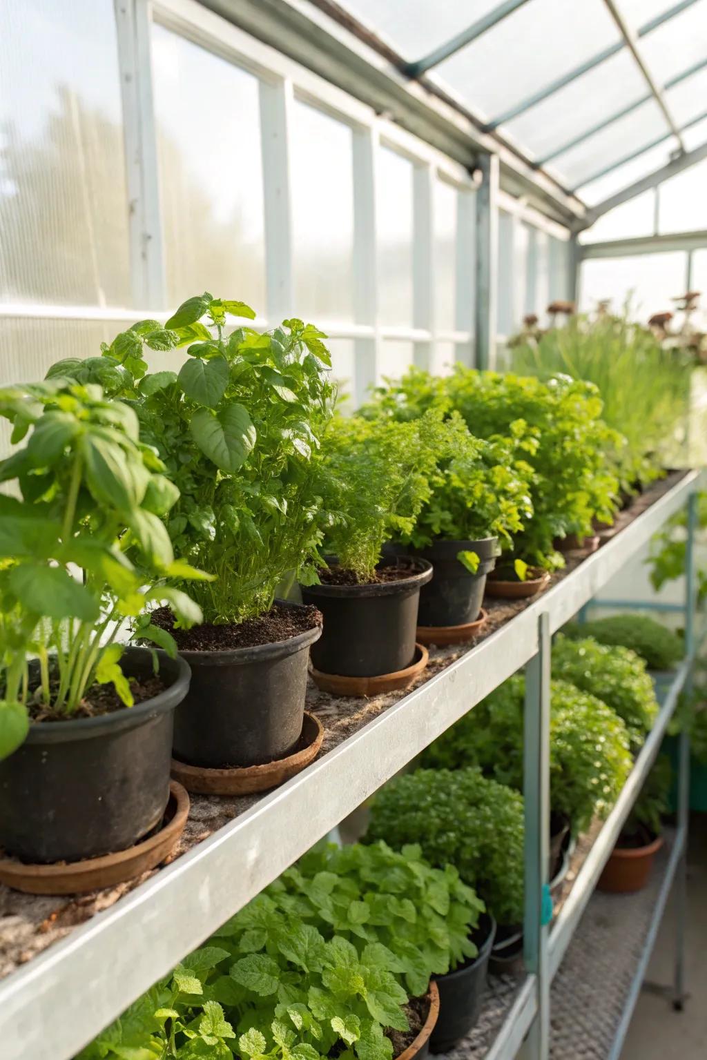 A variety of herbs thriving in a greenhouse, ready to enhance any meal.