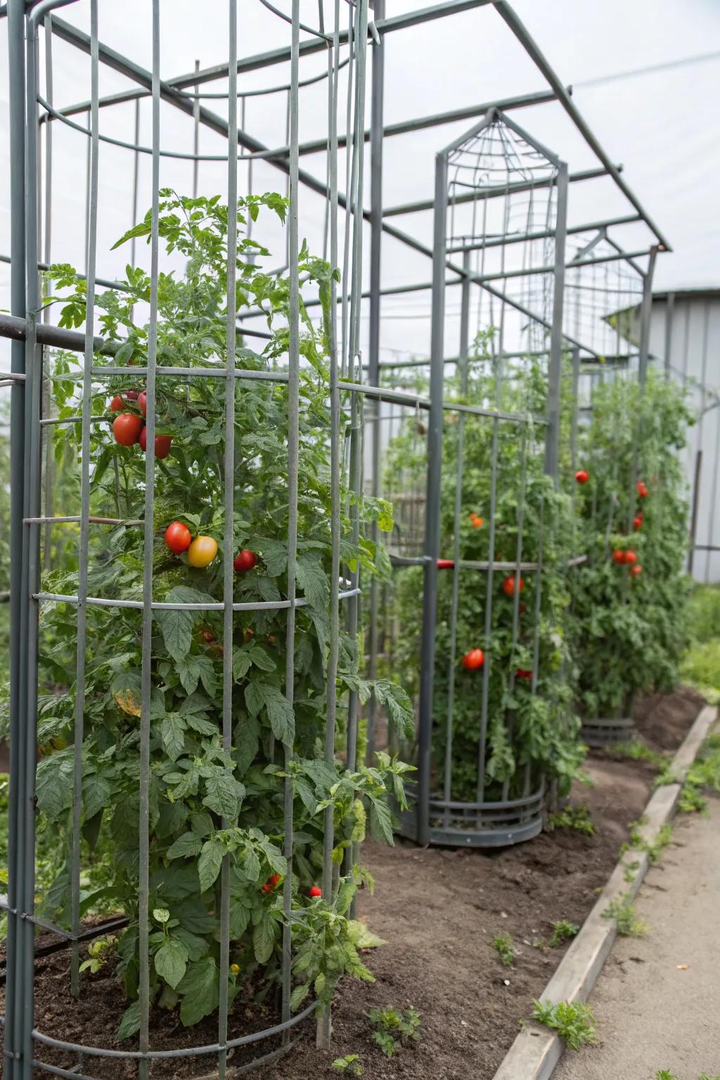 Ensure robust support for your tomatoes with a durable metal cage system.