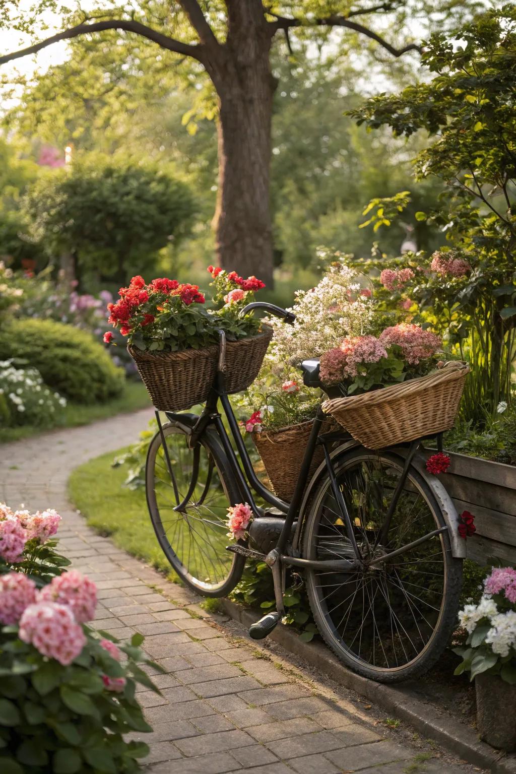 Functional and beautiful: use baskets and pots for bicycle planters.