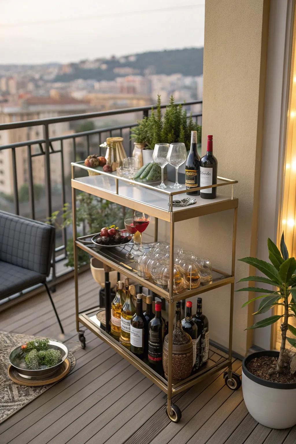 A bar cart adds a touch of sophistication and fun.