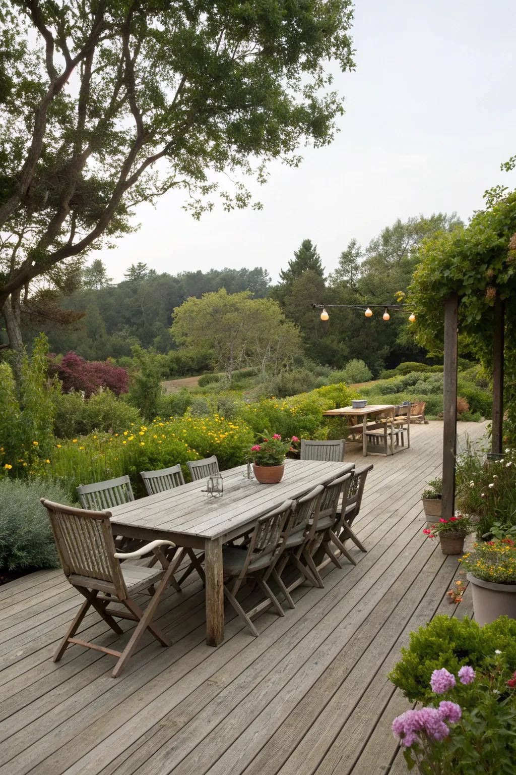 A wooden deck with a dining setup, perfect for outdoor gatherings.