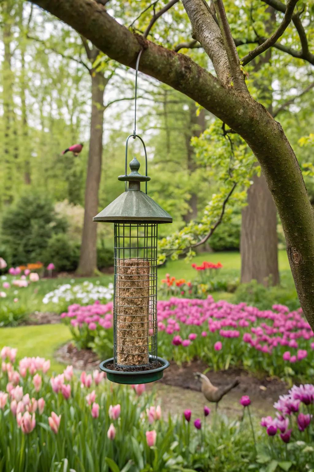 Tree branches offer a natural hanging solution for bird feeders.