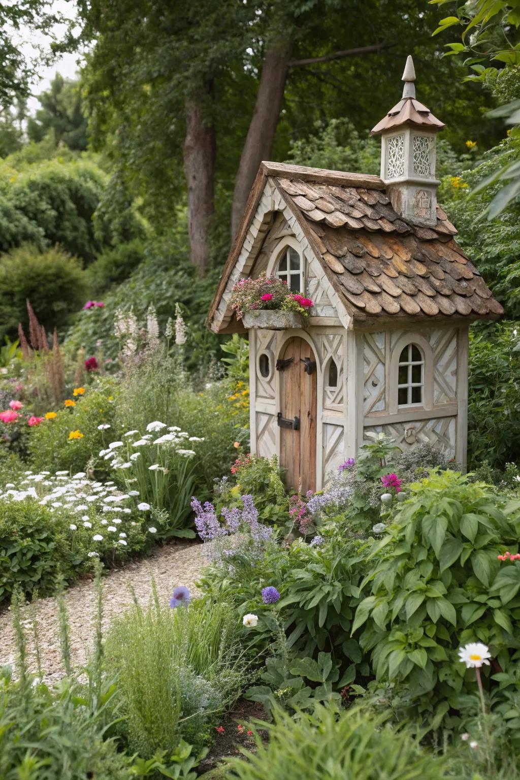 A uniquely designed birdhouse adds whimsy and charm to the garden.