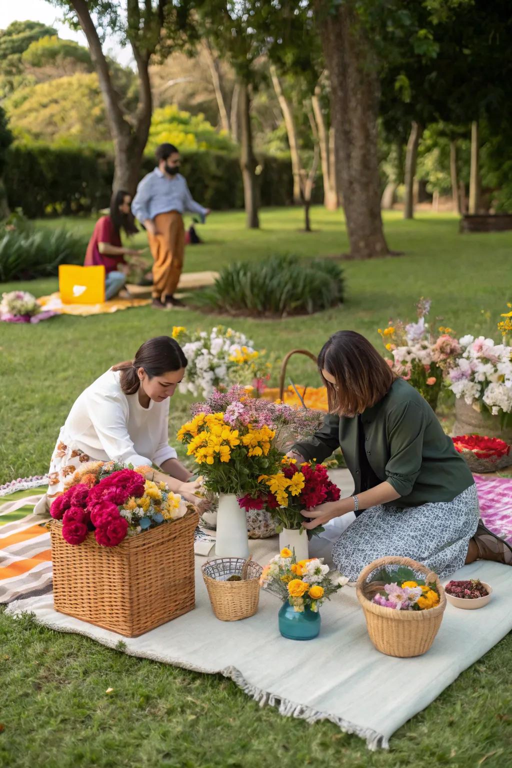 Guests enjoying a flower arranging activity at a picnic.