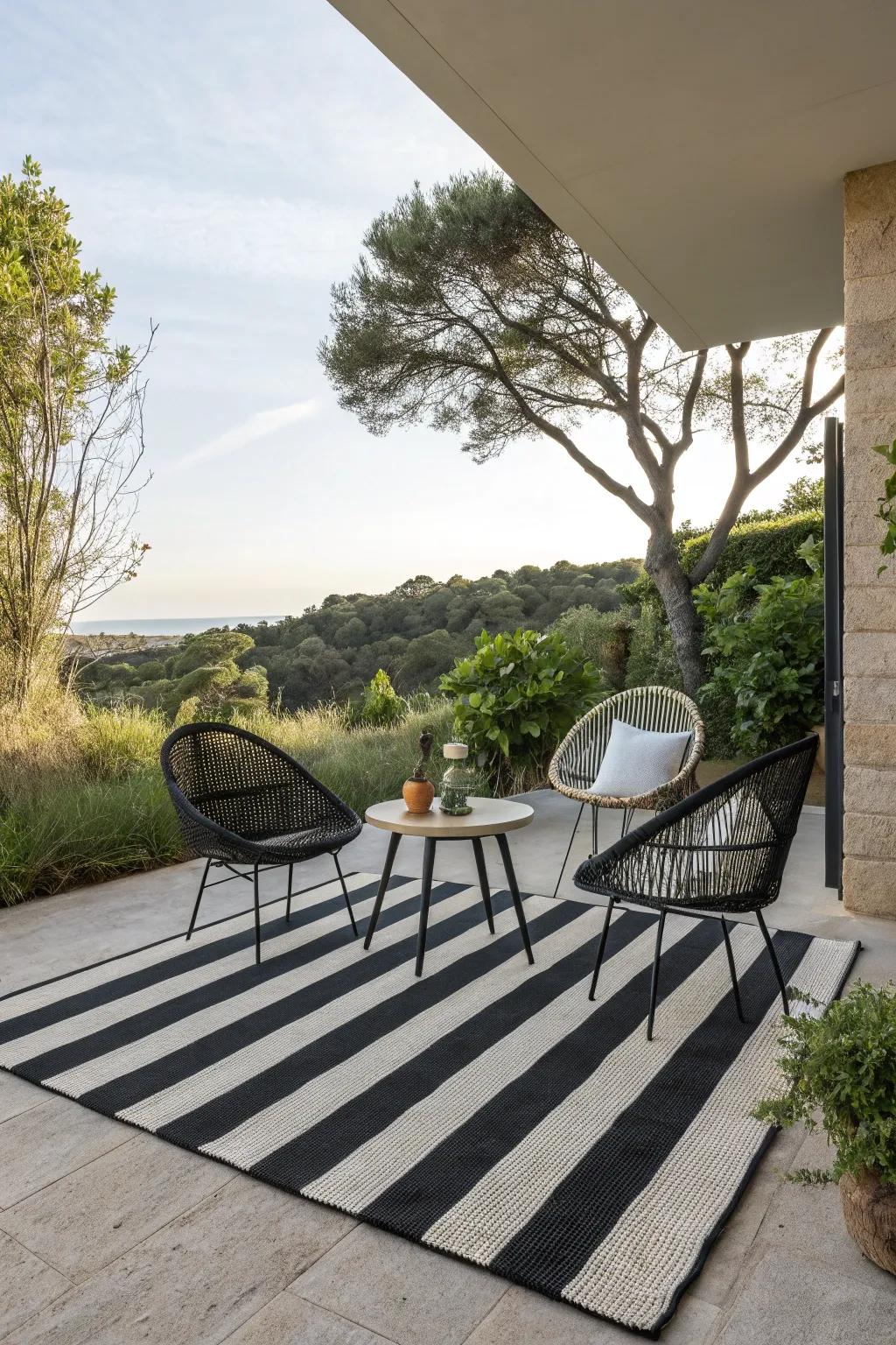 An outdoor patio area grounded by a chic striped rug.