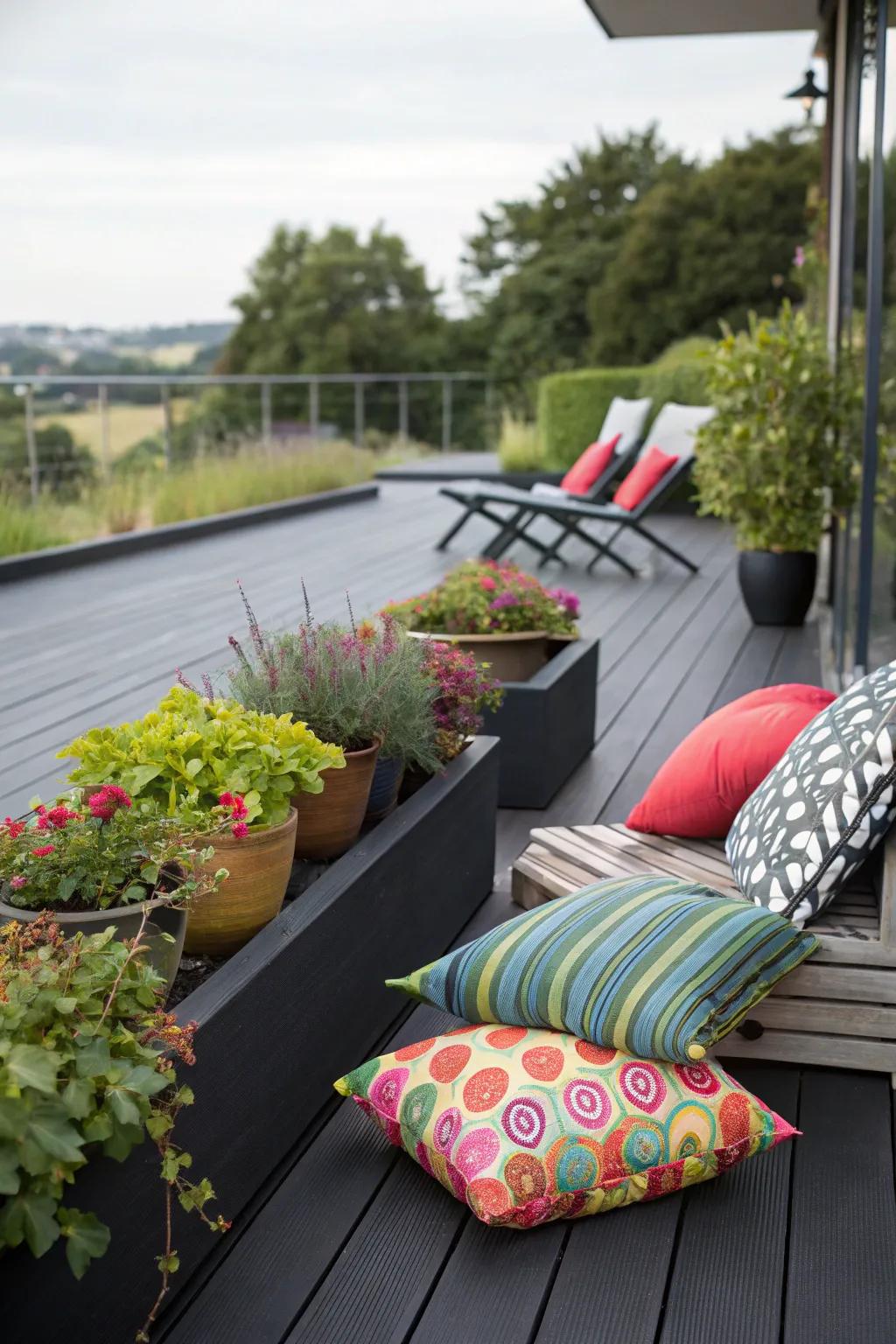 Brighten up your black deck with colorful decor accents.