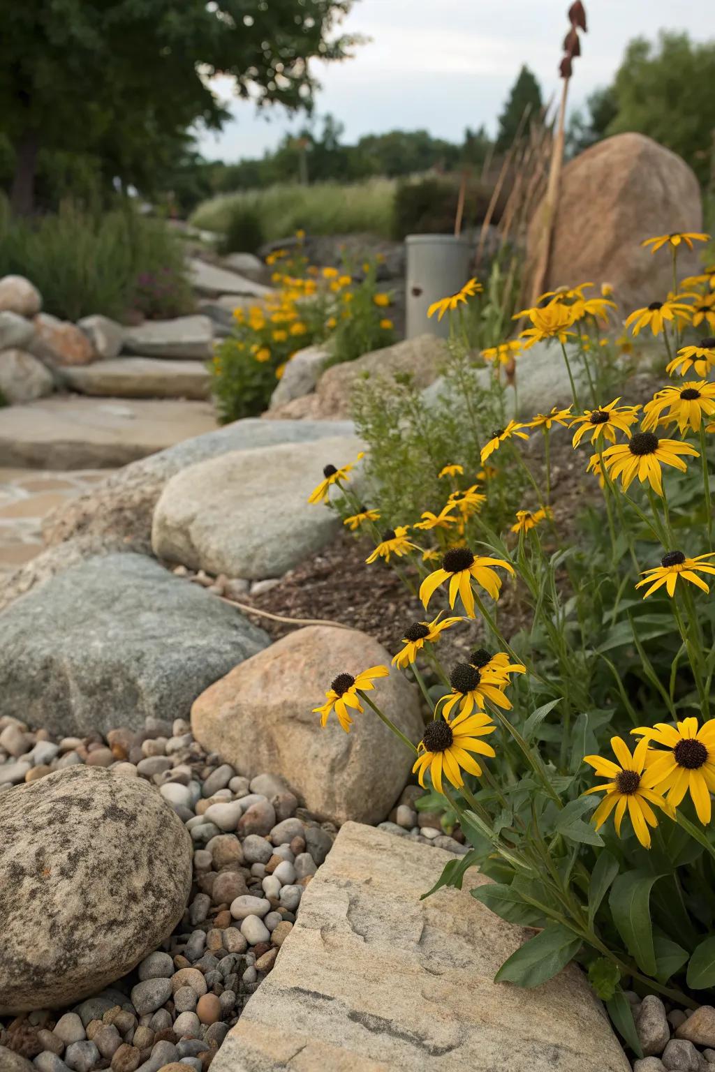 A rustic rock garden adorned with black-eyed Susans.