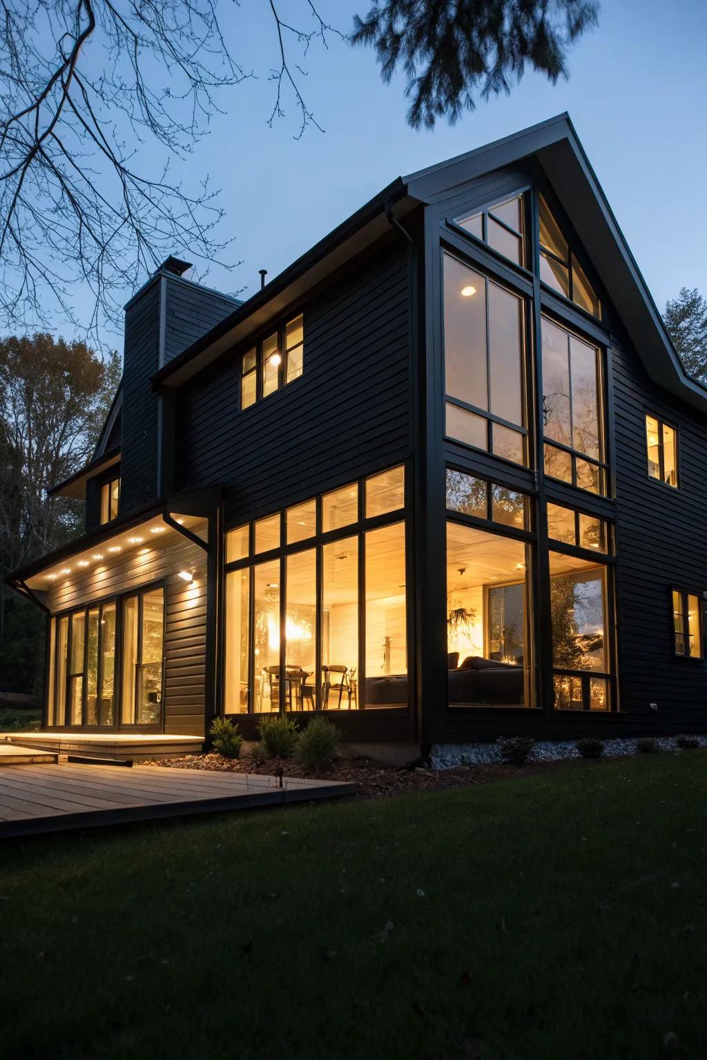 Large windows maximize natural light in a modern black house.