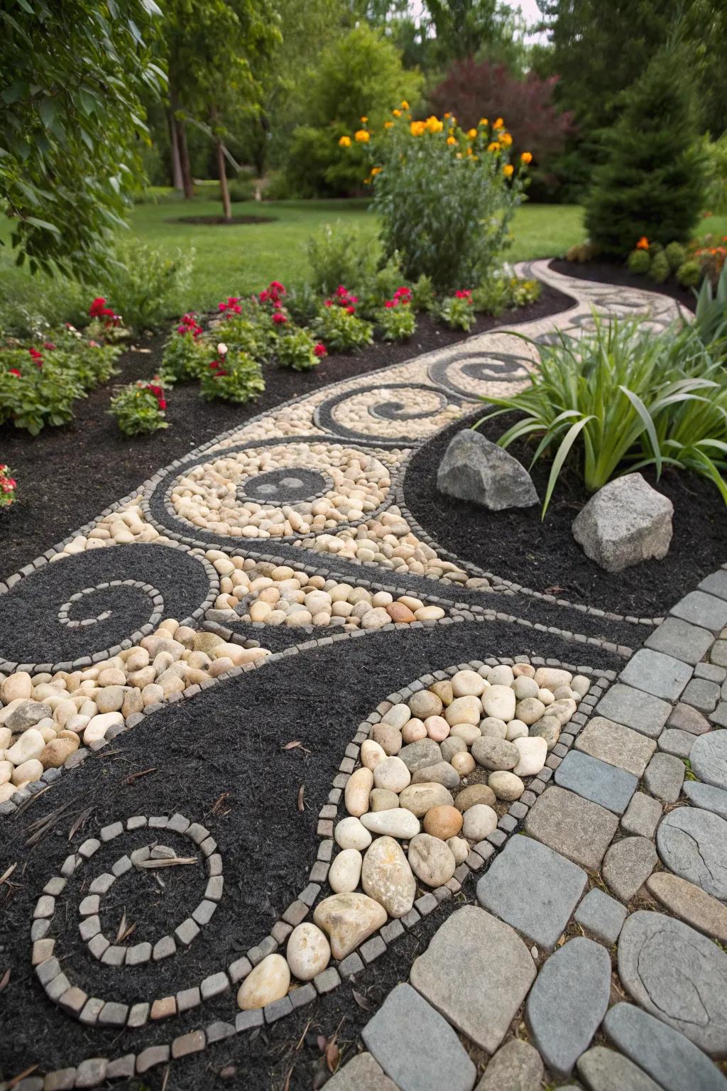 Creative garden patterns with black mulch and stones.