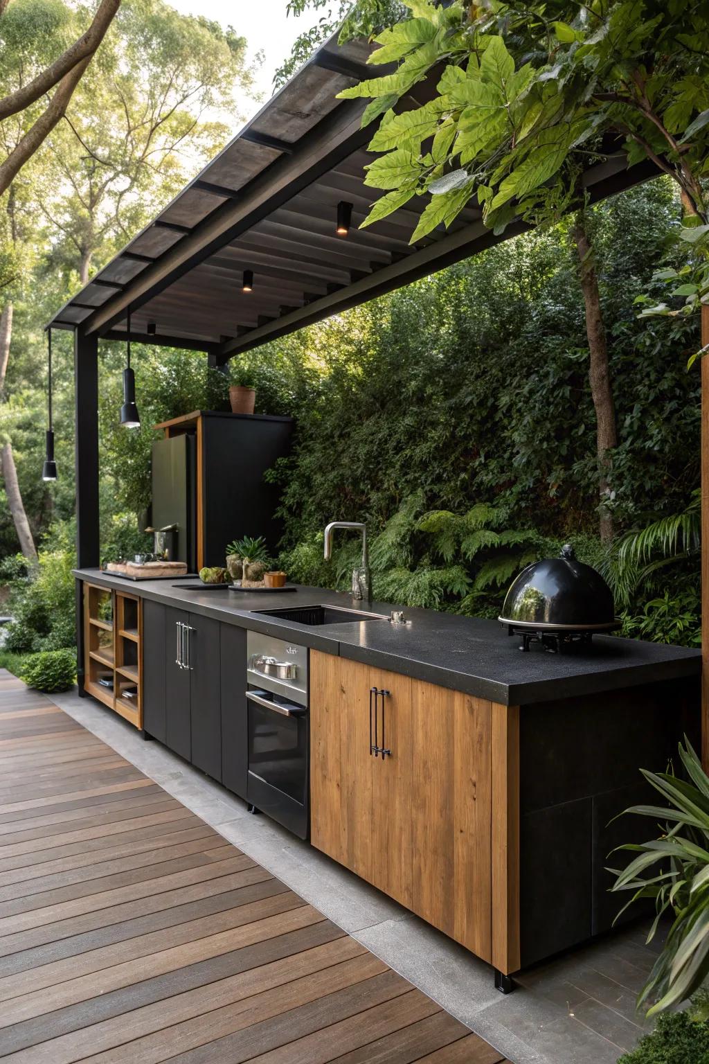 A harmonious blend of materials creates a unique outdoor kitchen design.