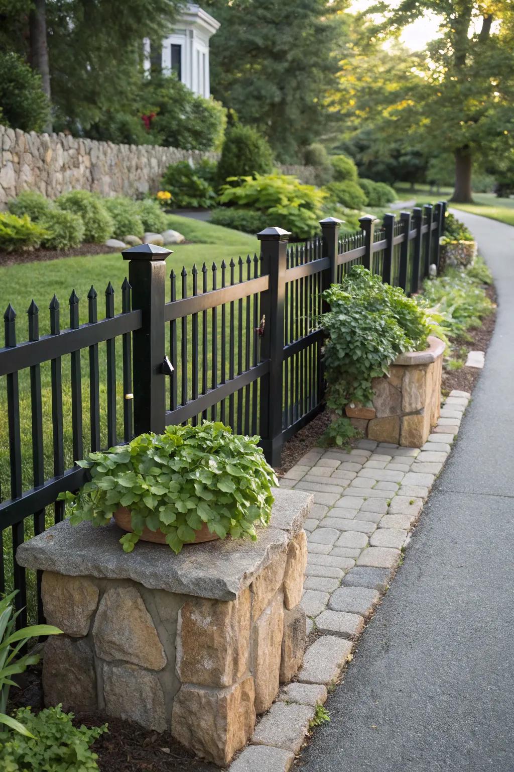 A black fence seamlessly blends with garden elements.