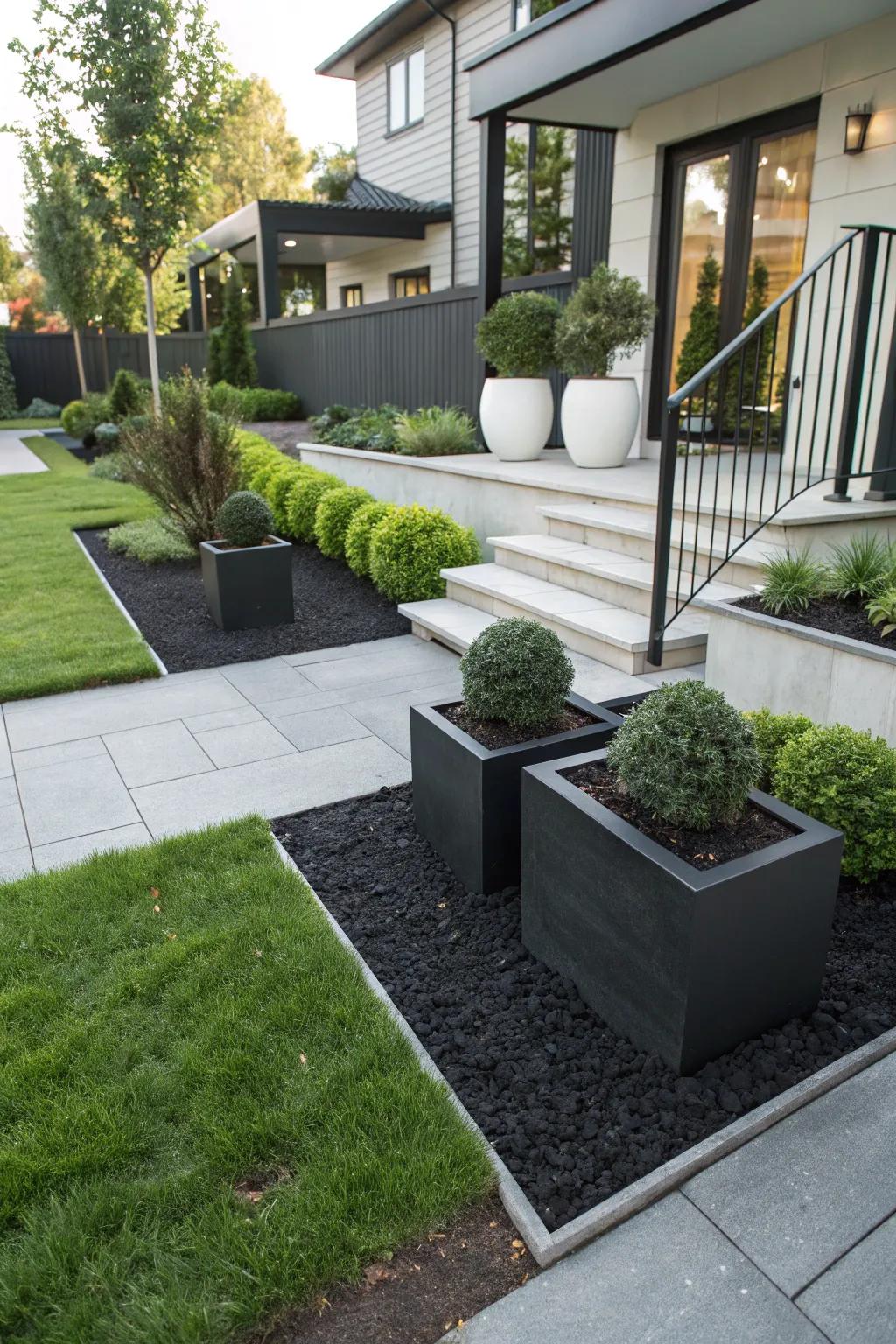 A sophisticated front yard using black rubber mulch for a modern look.