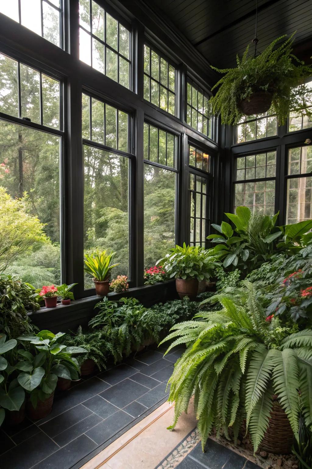 Lush greenery thrives in a black sunroom, creating a harmonious connection with nature.