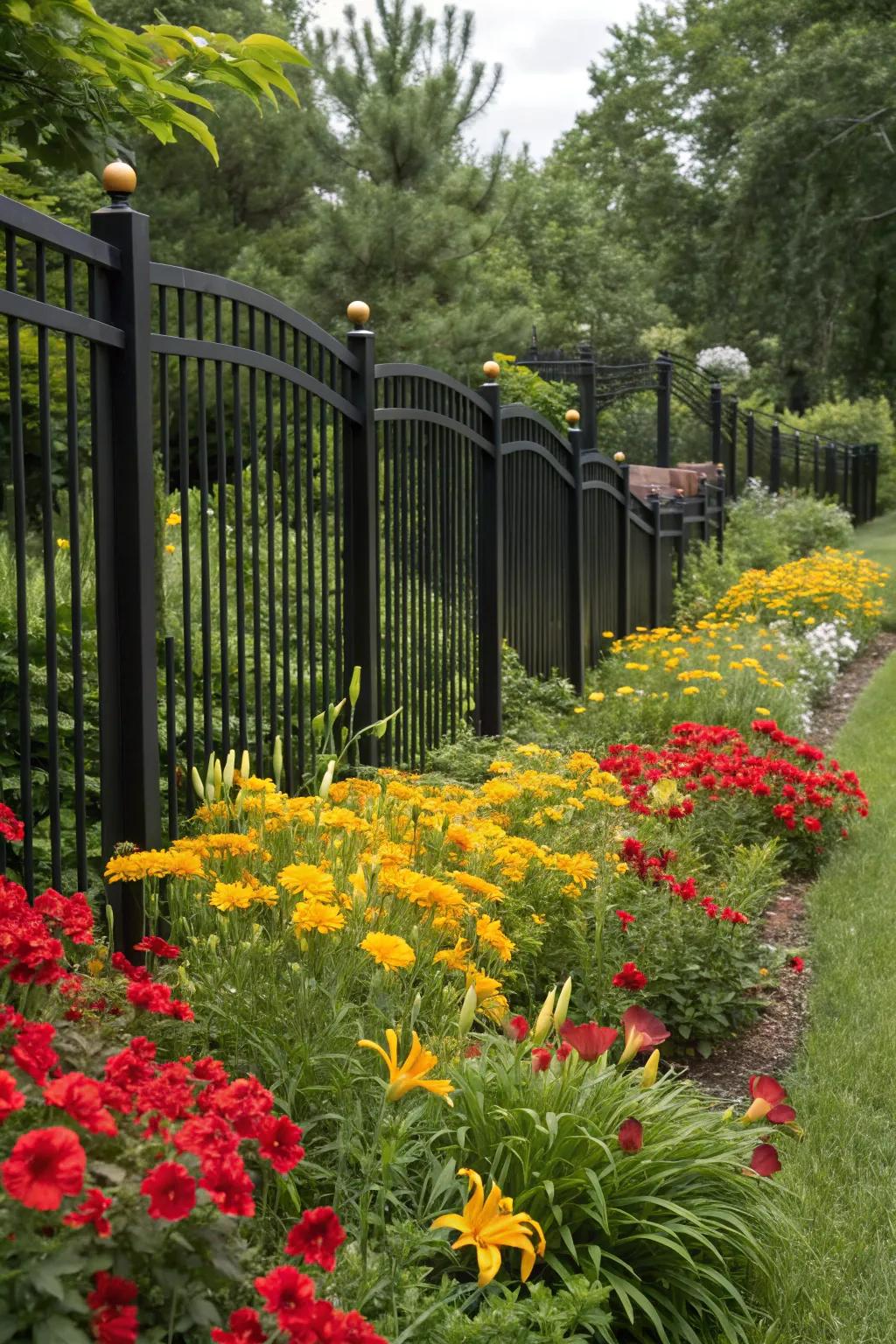 Bright flowers create a bold contrast against the black vinyl fence.