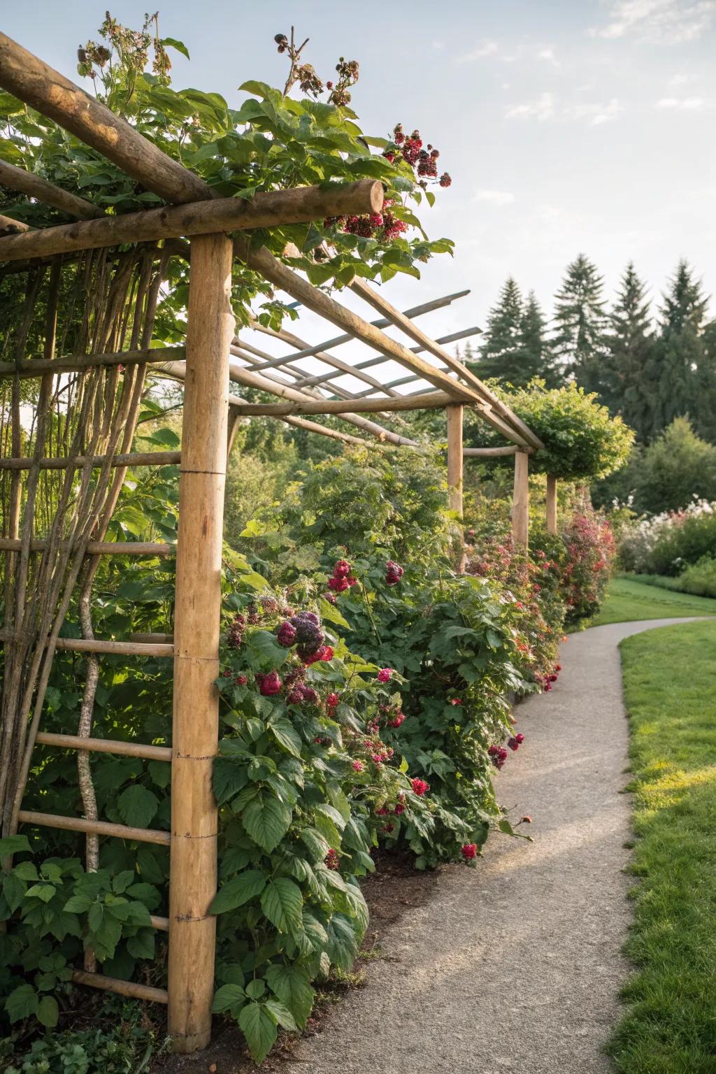 A sustainable bamboo trellis merging with the garden landscape.