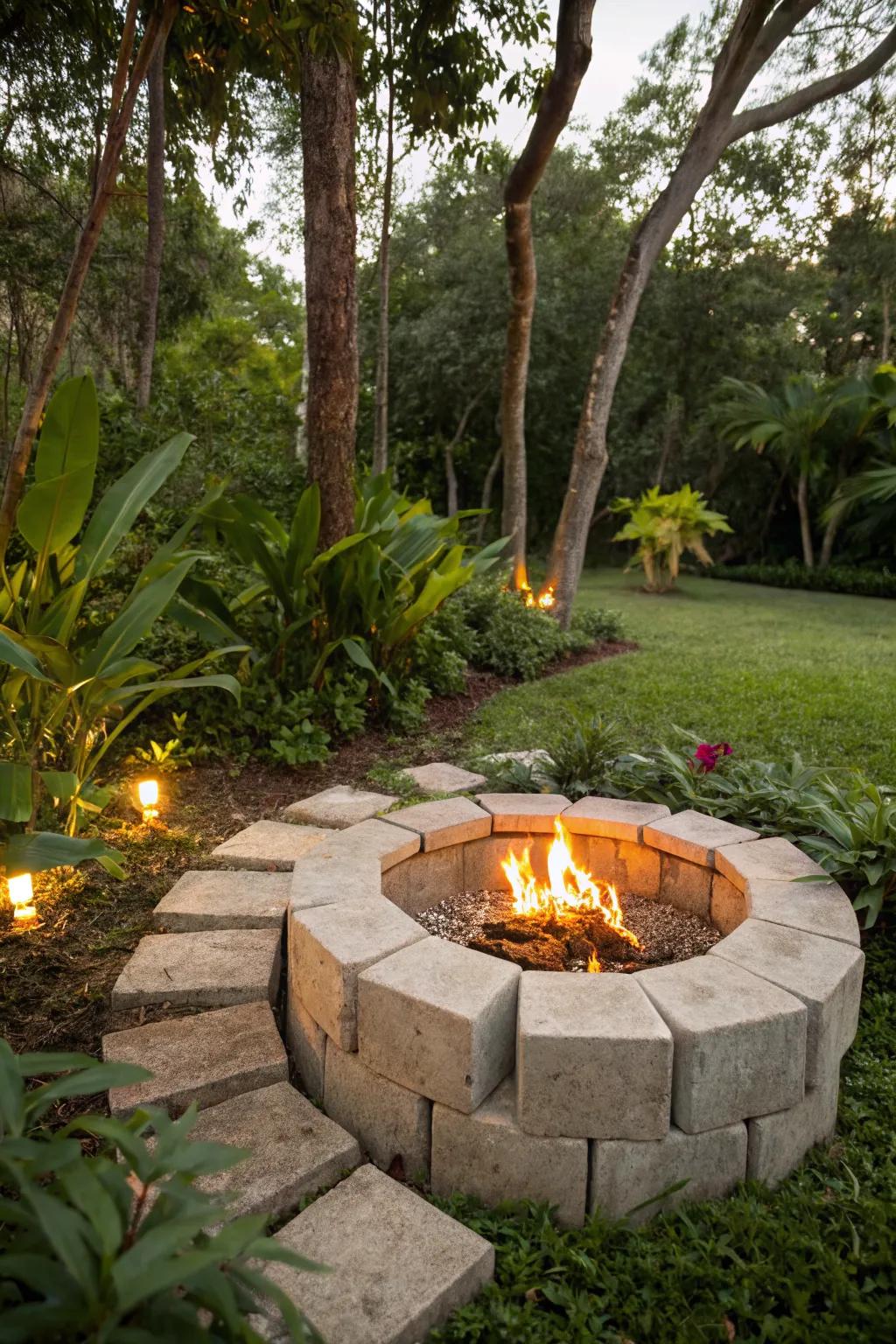 Eco-conscious design with a fire pit made from recycled blocks.