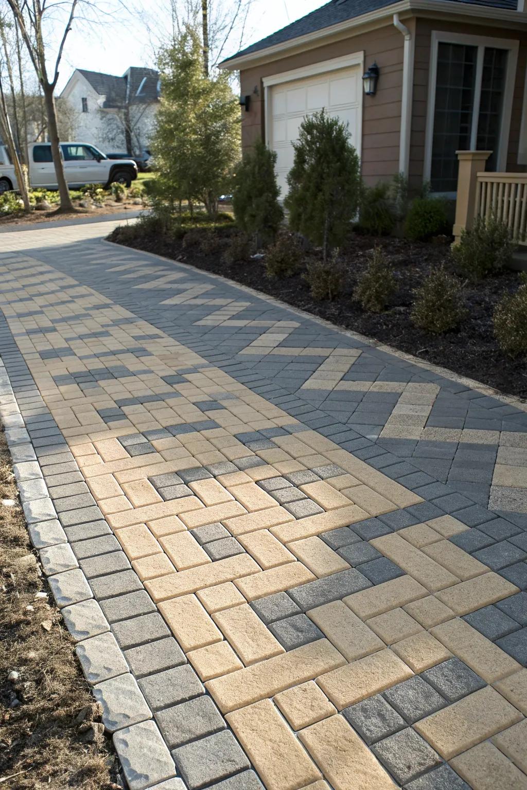 A driveway with a captivating basketweave block paving pattern