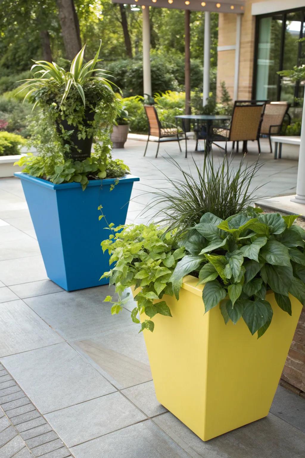 Bright planters add life and vibrancy to any patio.