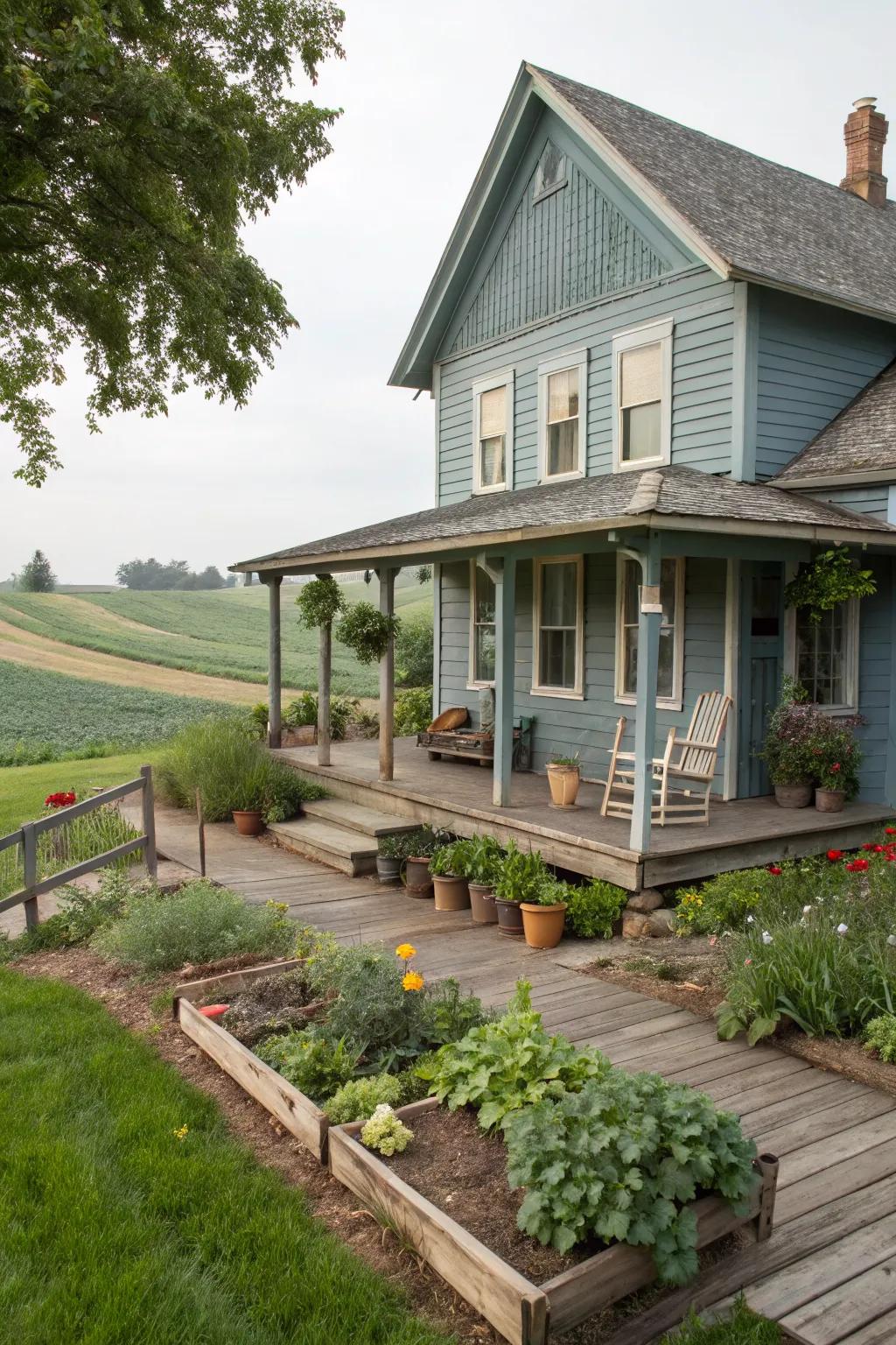 A farmhouse exuding rustic charm with its muted denim blue facade.