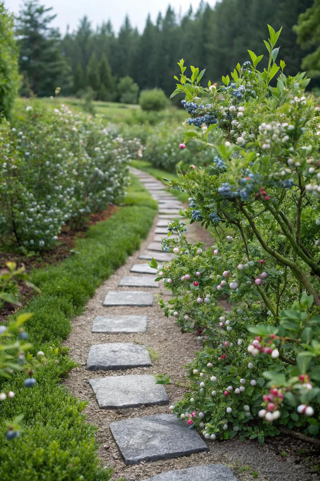 A charming pathway lined with blueberry plants.