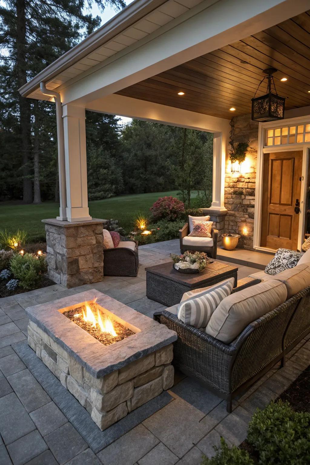 A bluestone porch with a cozy fire feature for evening gatherings.