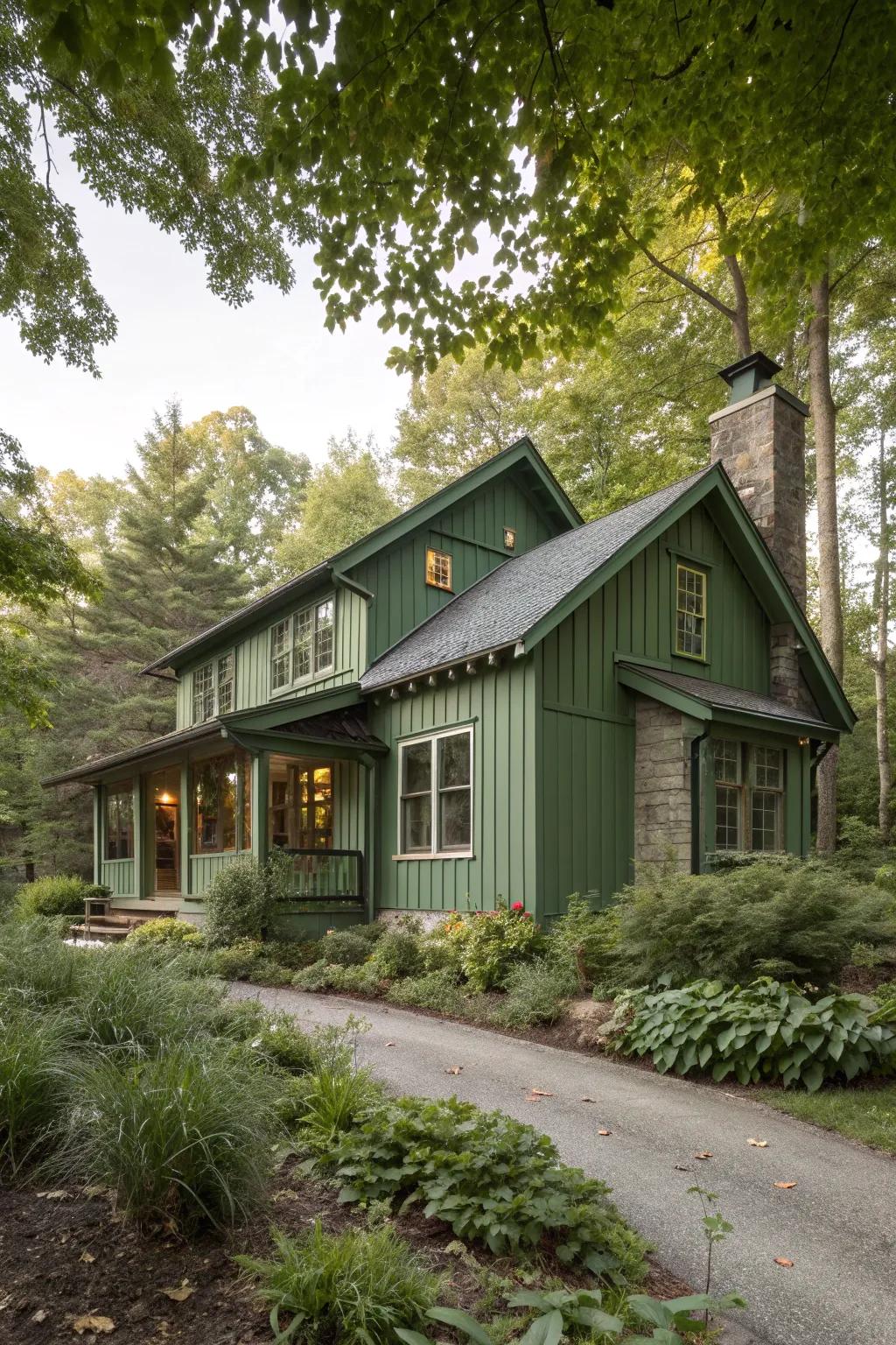 Natural green siding for a harmonious blend with nature.