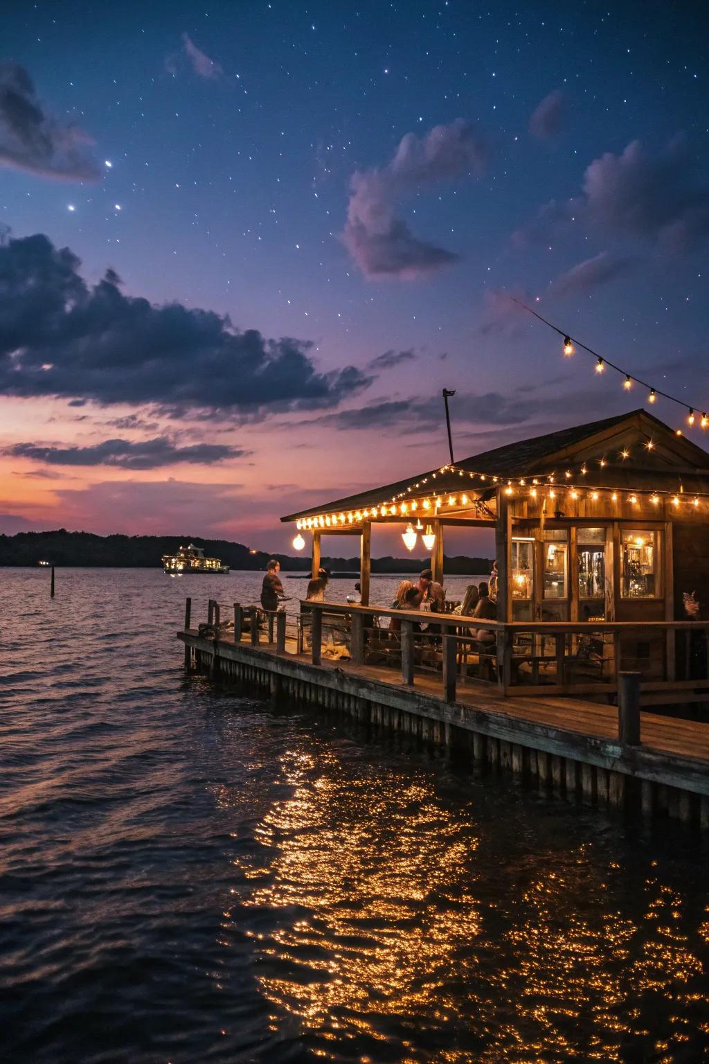 String lights transform this dock bar into an enchanting evening spot.