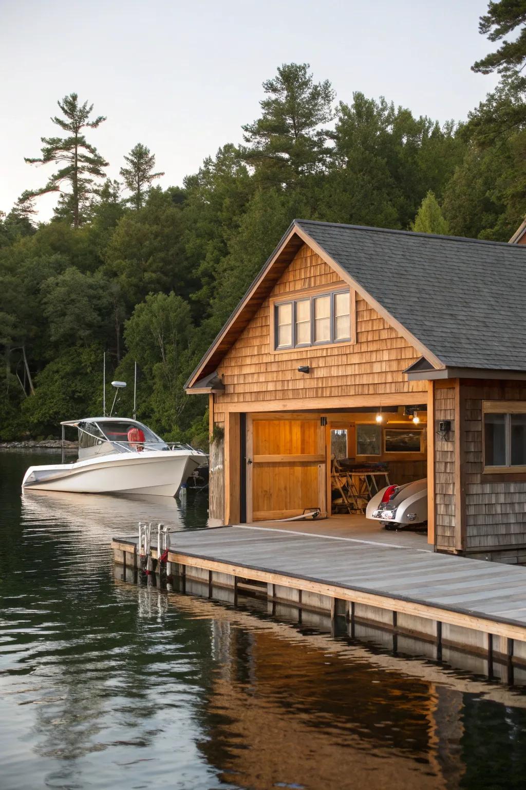 A boat house featuring a private dock and a stylish boat garage.