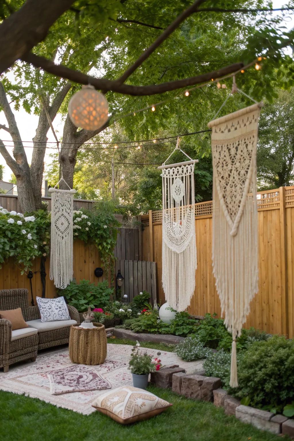 Macramé hangings add an artistic touch to your boho backyard.