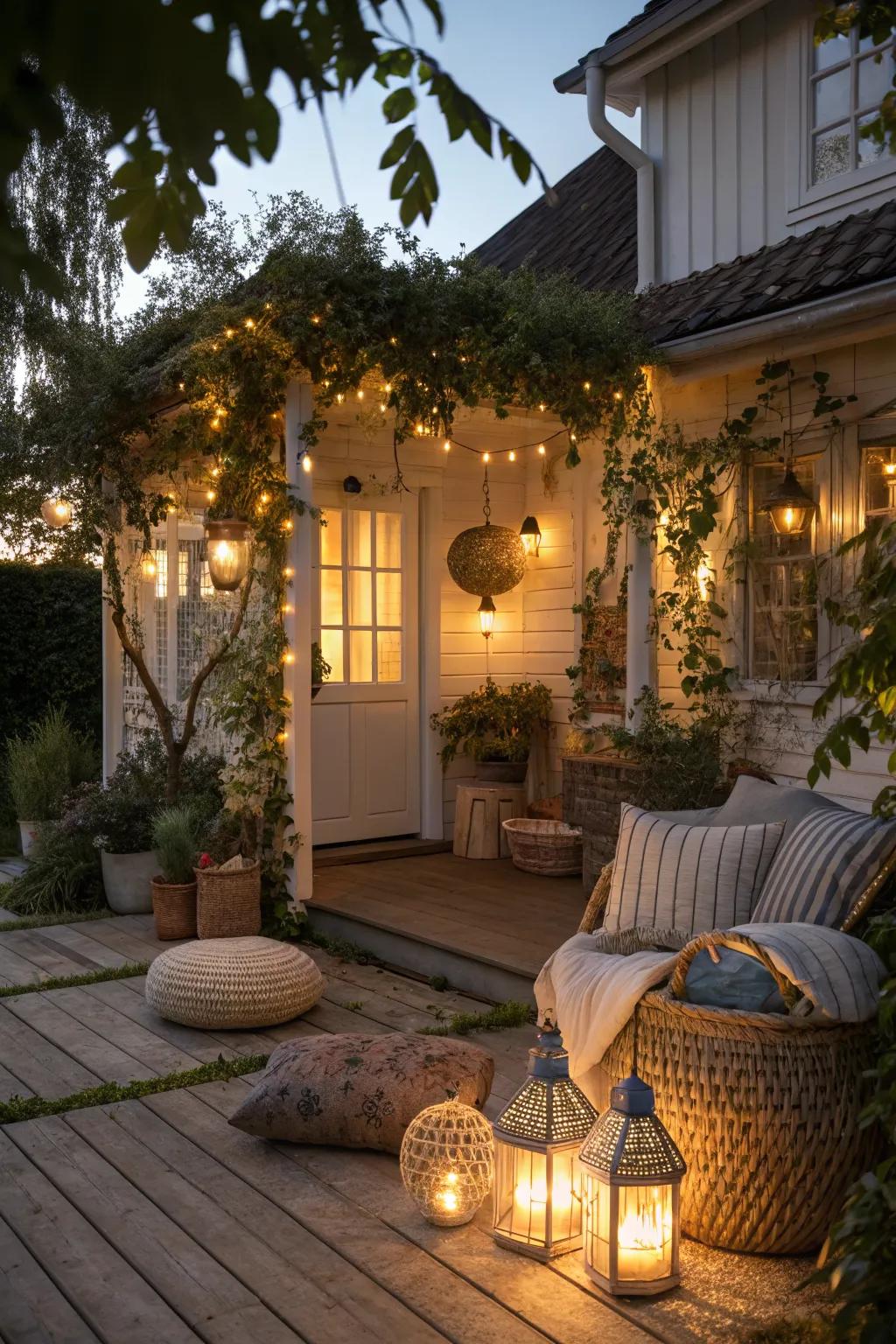 Create a warm glow with lanterns and string lights on your porch.