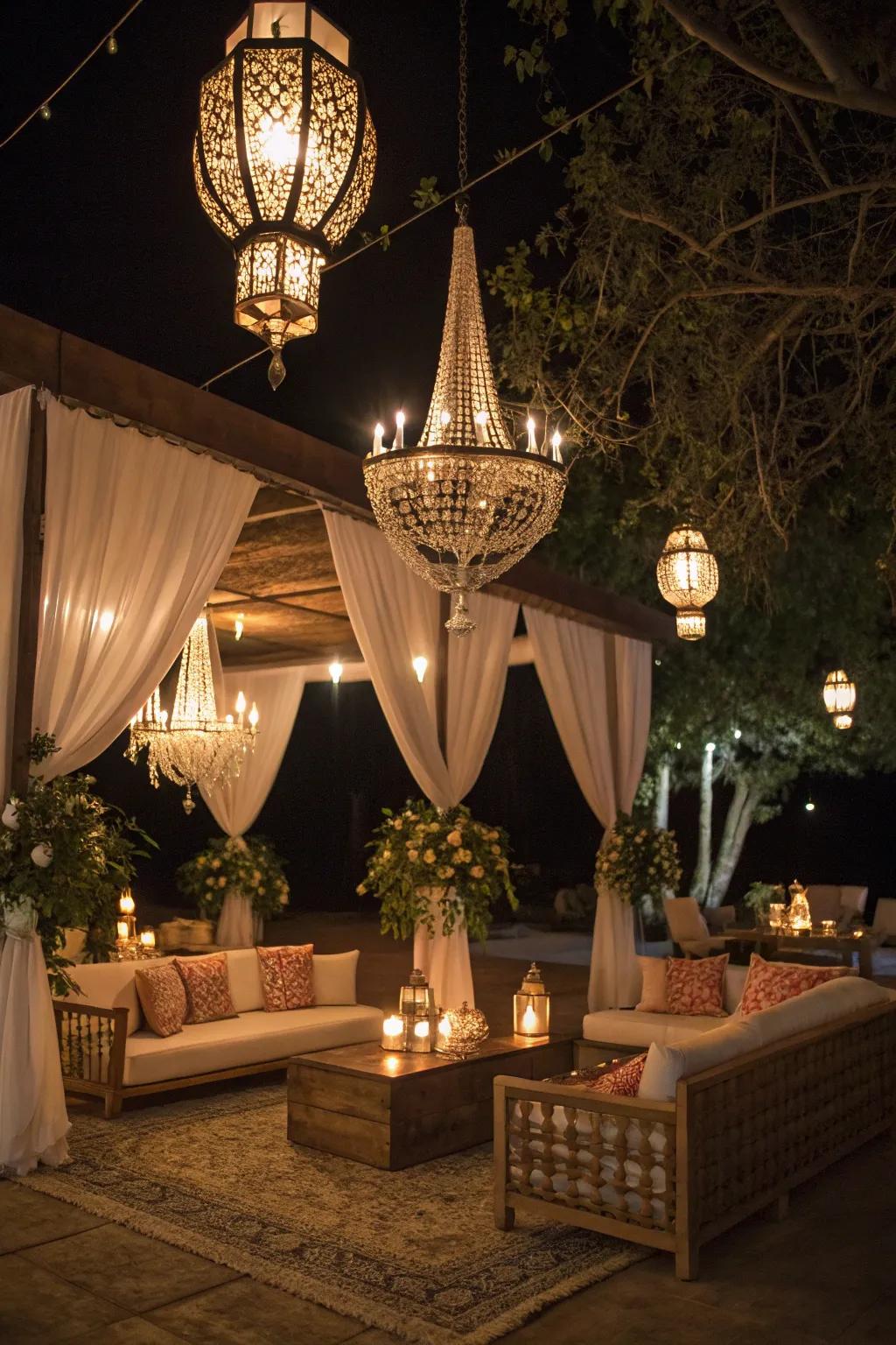 Unique lighting creates a magical boho atmosphere.