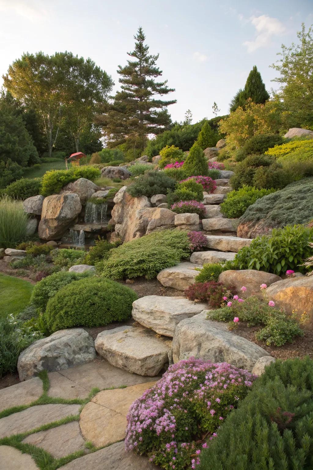 Add depth and dimension with layered boulders and plants.
