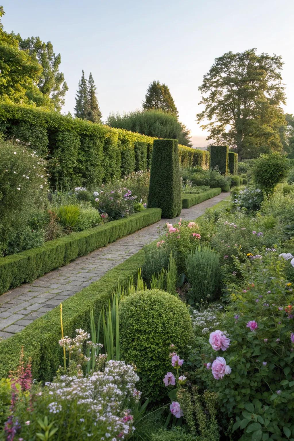 Boxwood hedges forming natural fences in a garden.