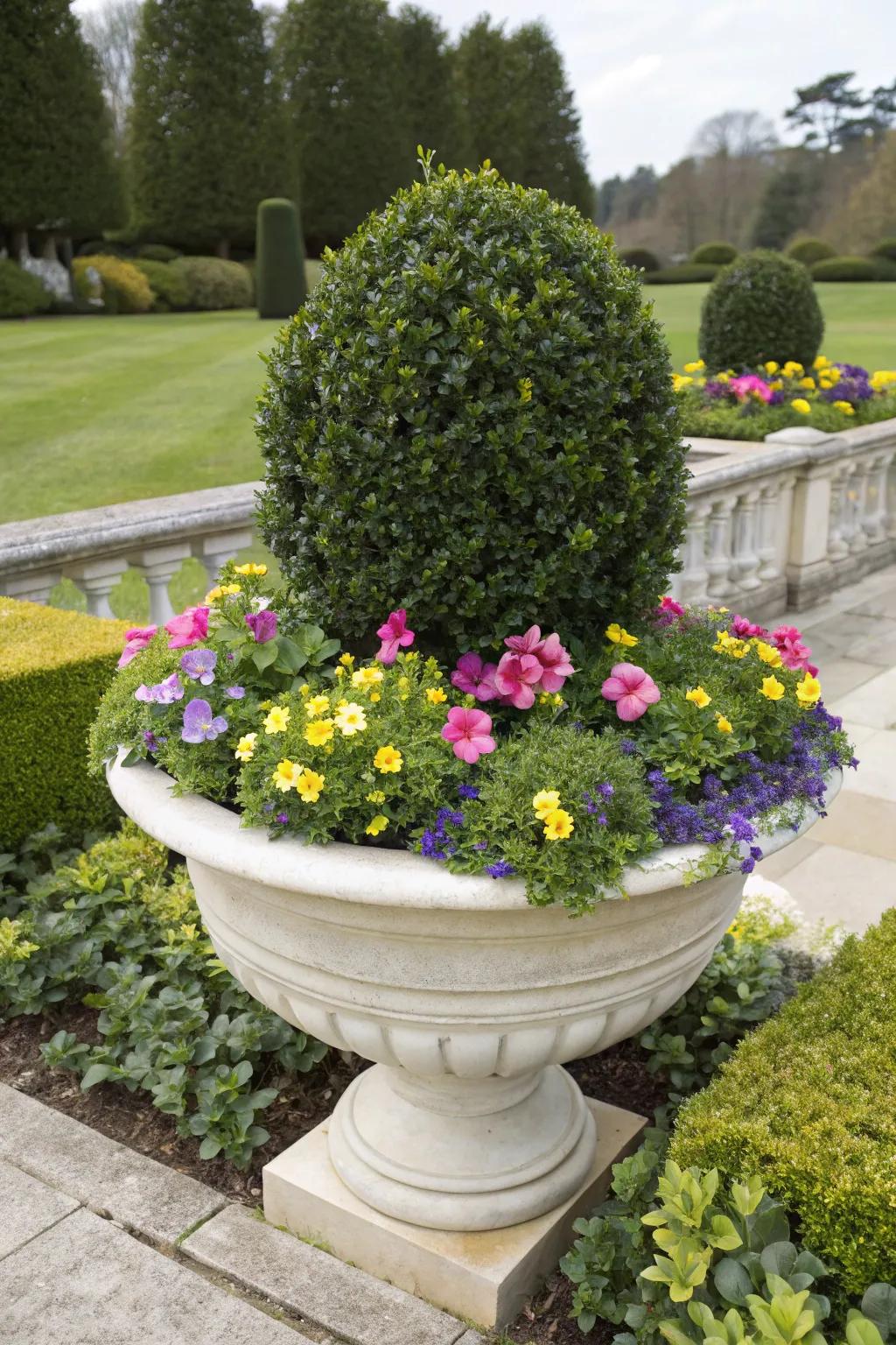 Vibrant and lively: Boxwood with colorful floral accents.