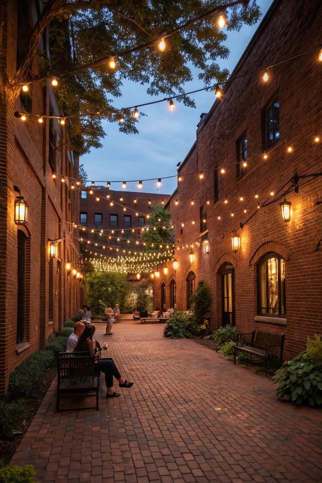 String lights and lanterns create a warm evening ambiance.