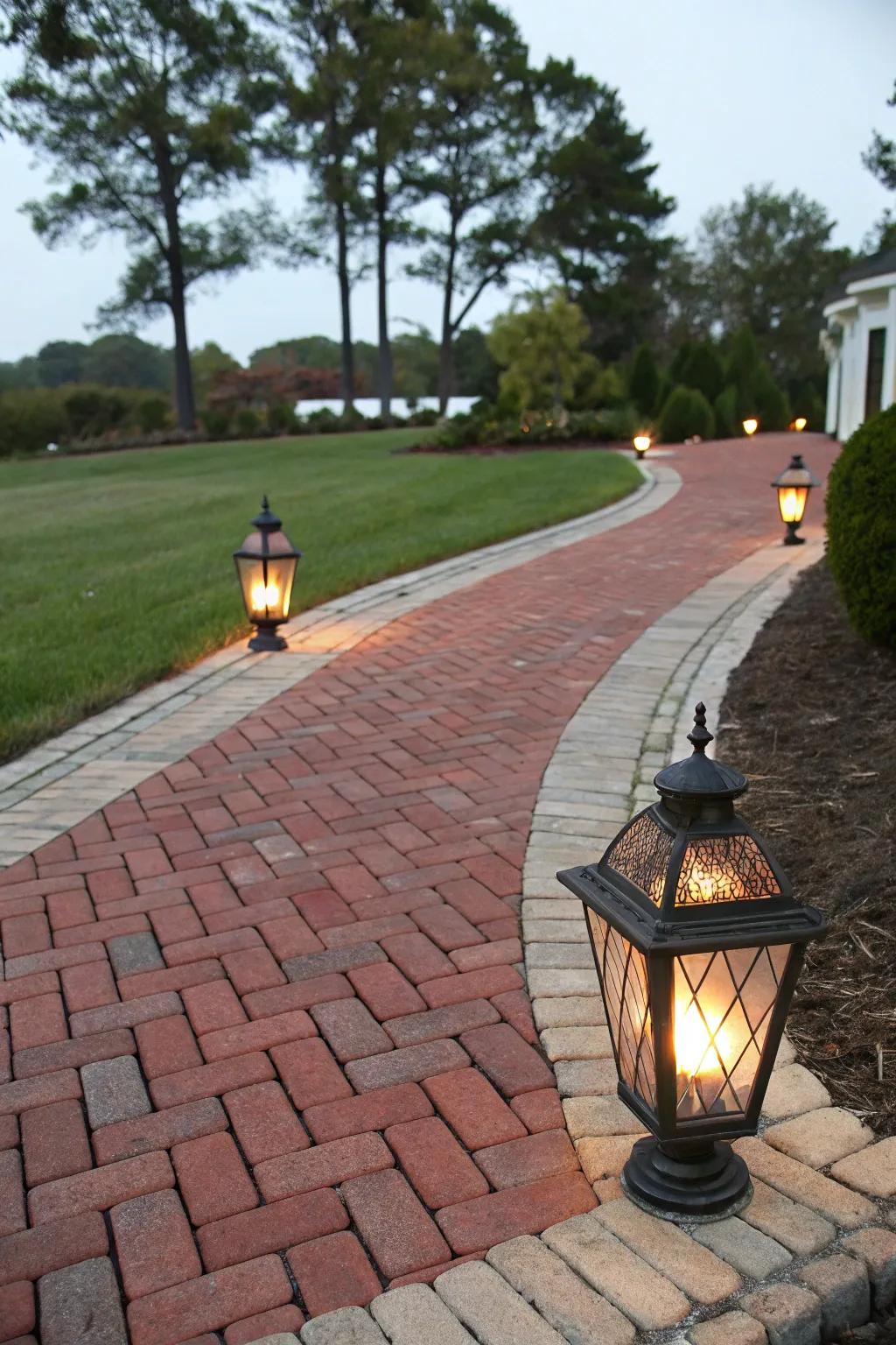 Inviting lantern lights guiding the way along a brick driveway.