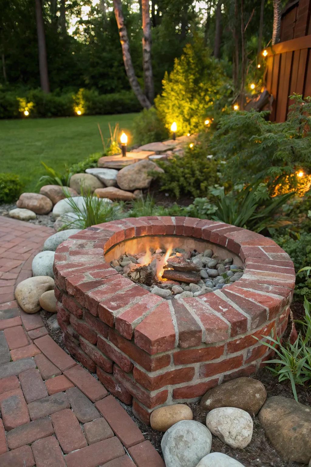 Embrace the rustic charm: Brick and stone fire pit for a cozy garden escape.