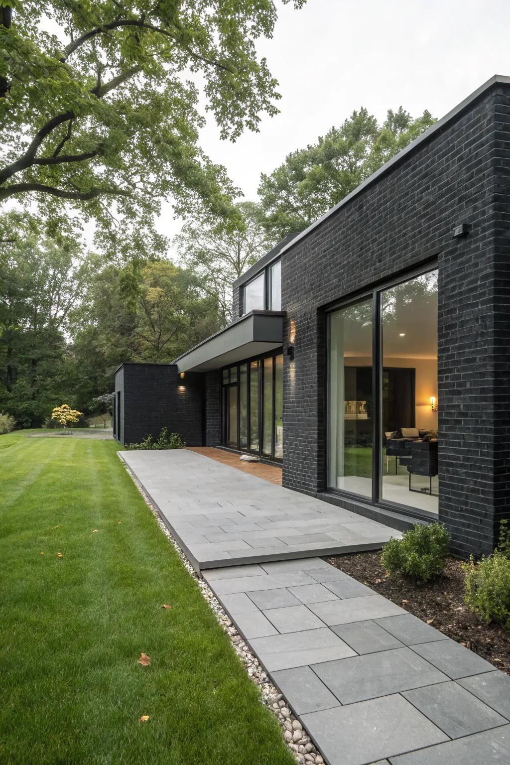 A modern home with a bold black brick exterior.