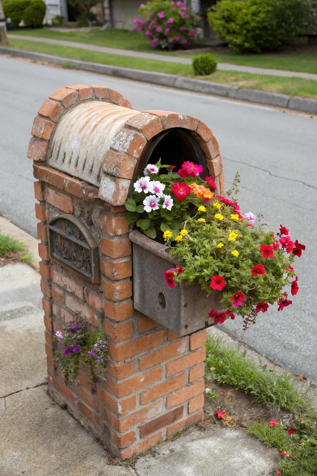 A built-in planter adds a personal touch to this brick mailbox.