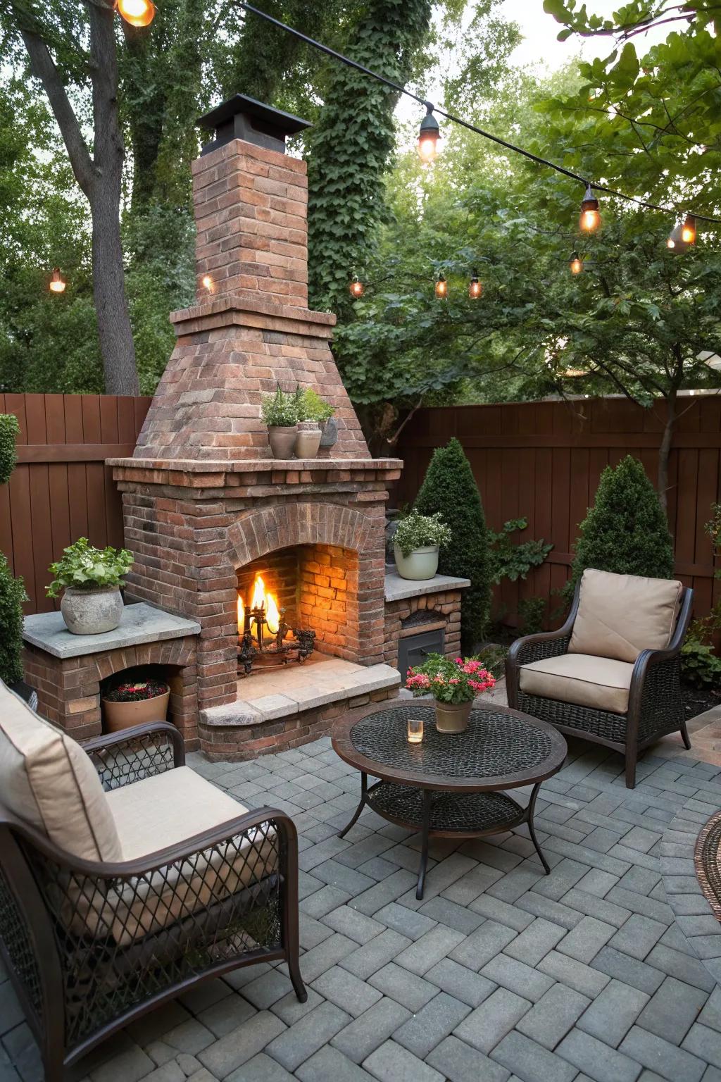 A cozy corner brick fireplace fits perfectly in smaller spaces.